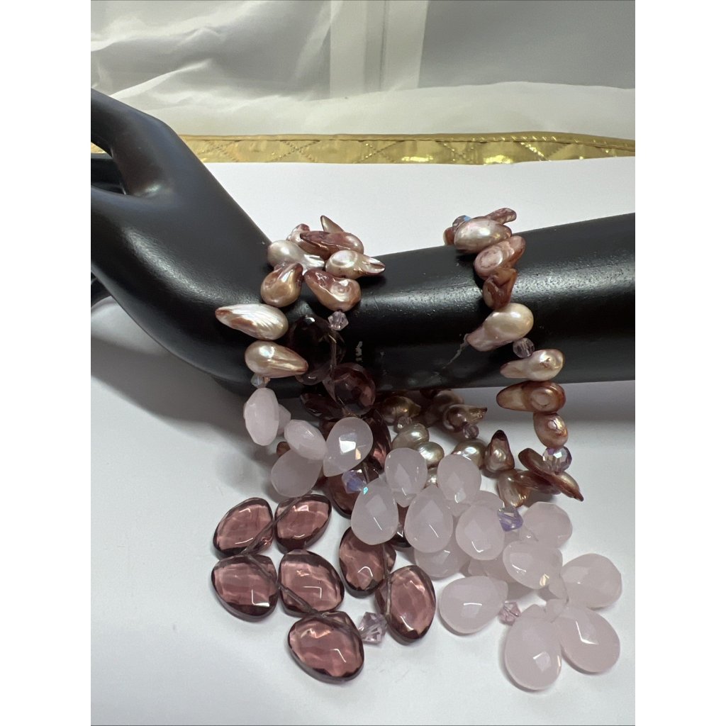 Vintage Hematite, Pearl, Rose Quartz 3 Strand Bracelet, 9”